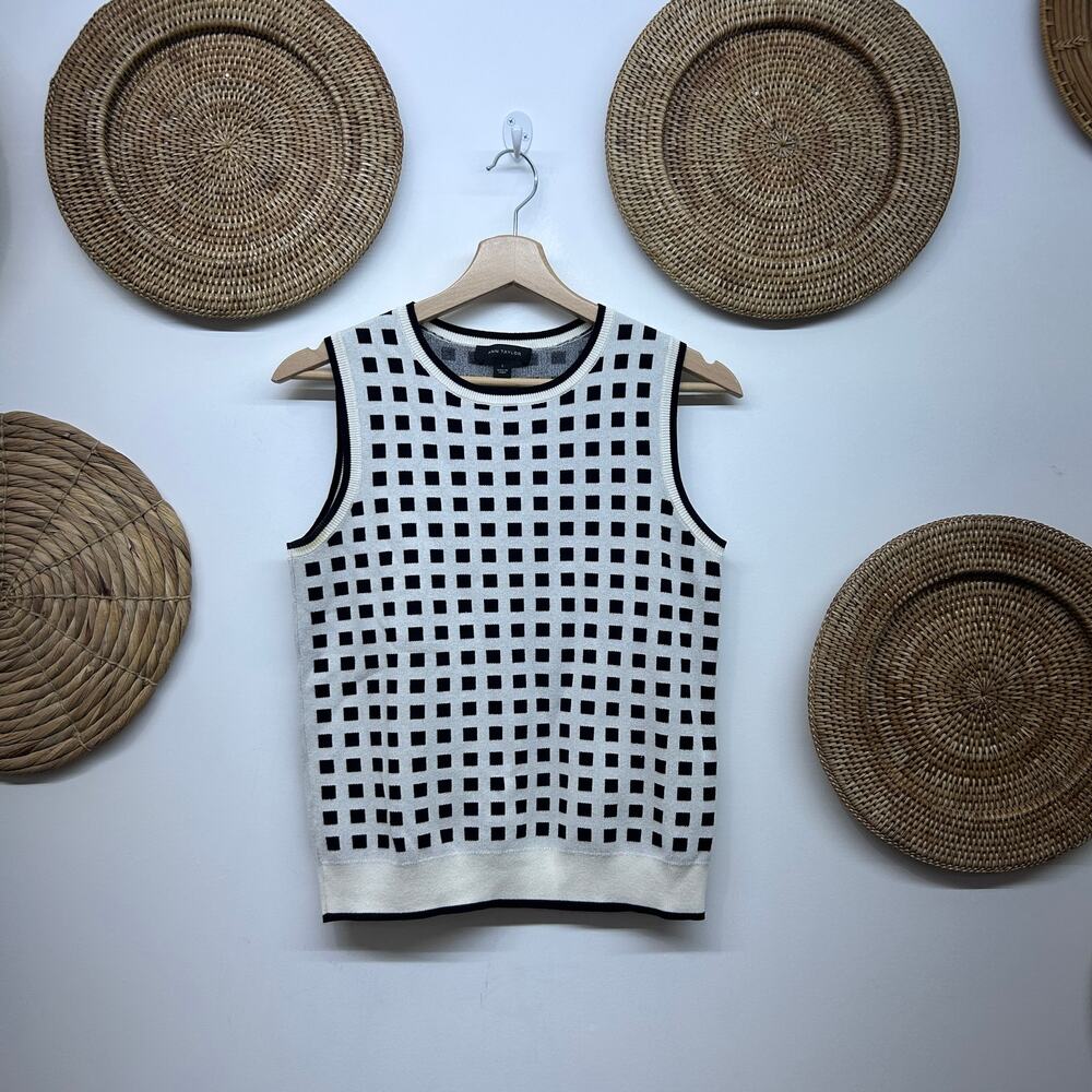 Ann Taylor Sleeveless Sweater Tank Vest Small Neutral Black White Checkered